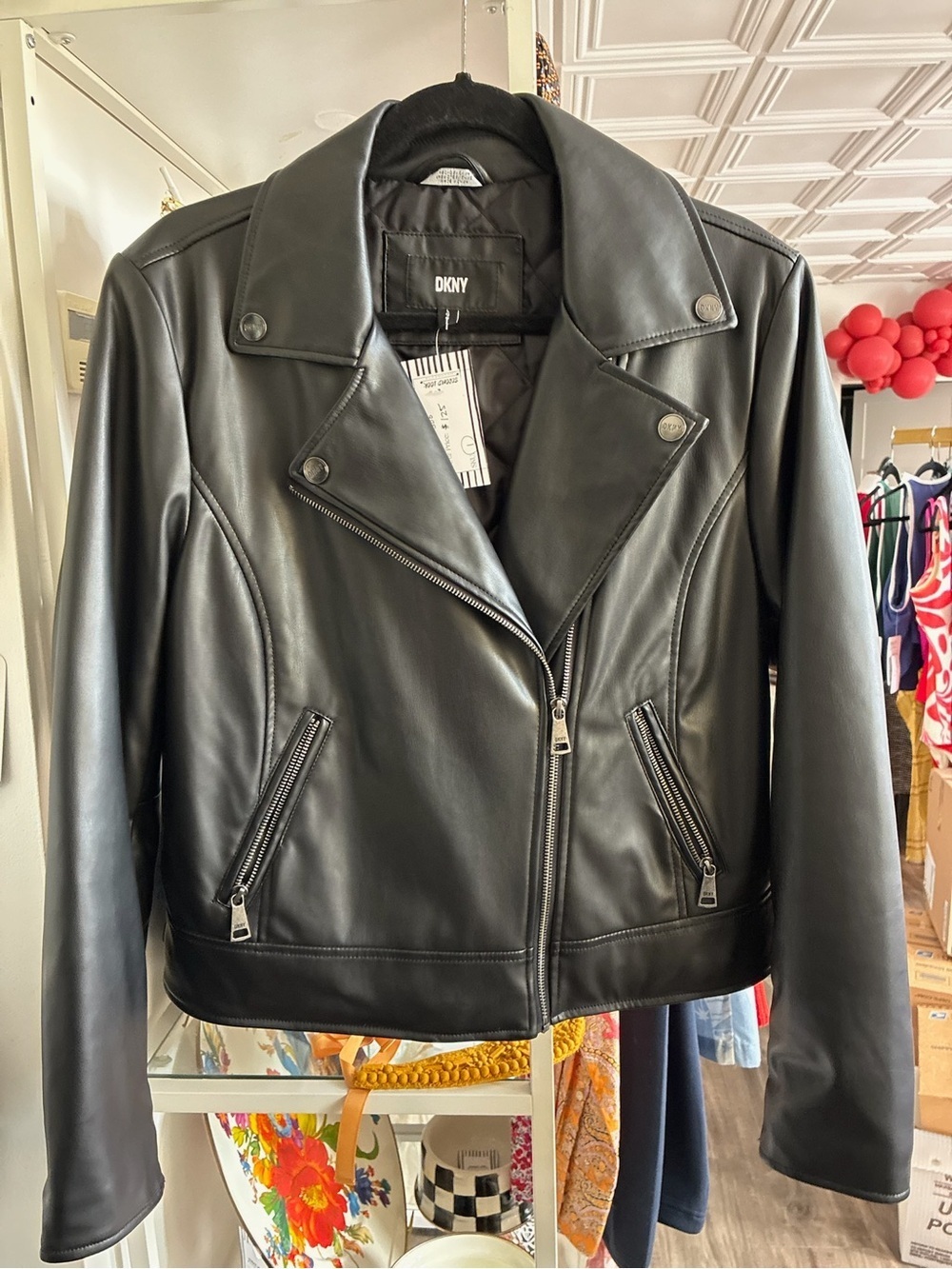 DKNY Sleek Black Faux Leather Biker Jacket